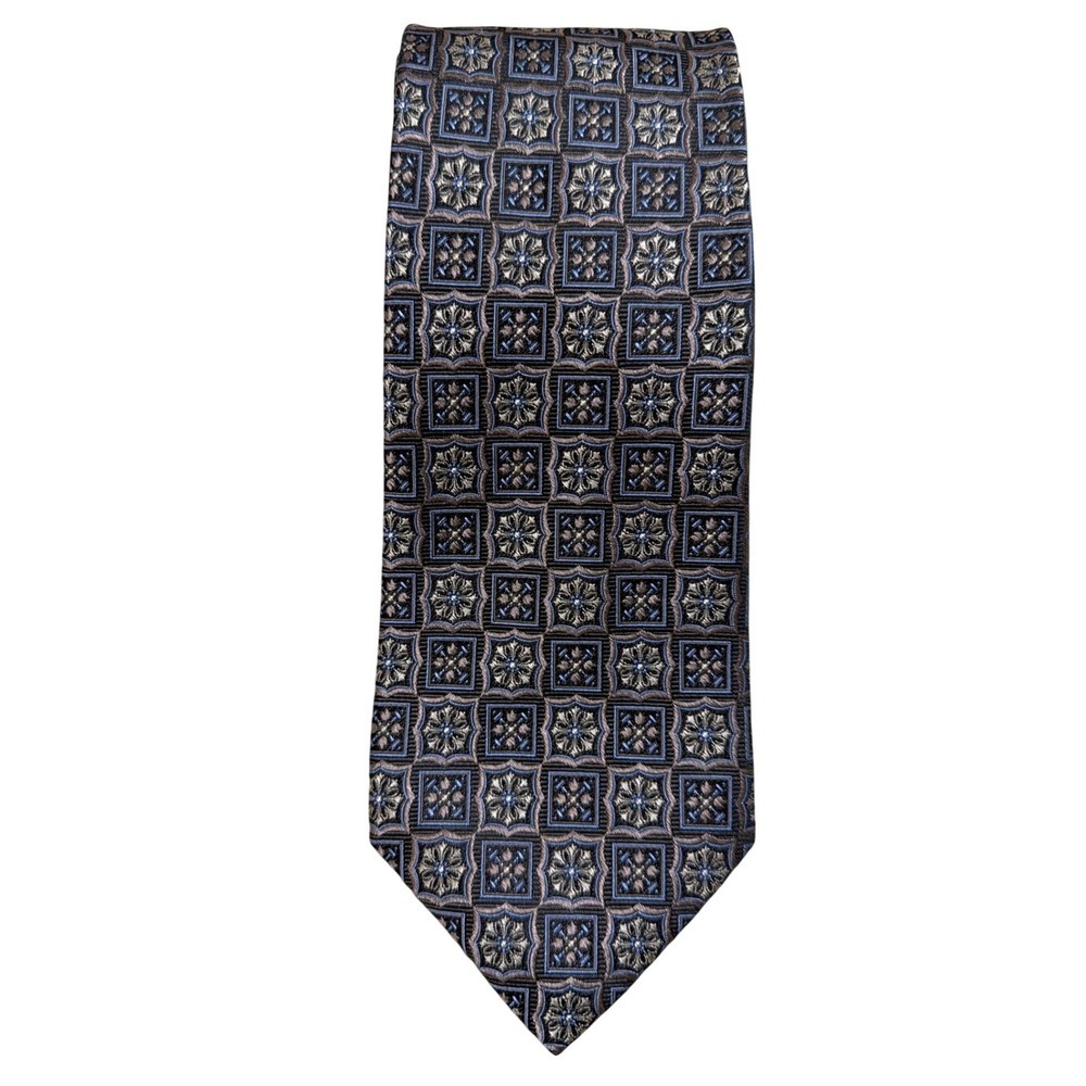 Pronto Uomo Couture Tie Mens OS Brown Blue Geometric Floral Medallion Silk Blend